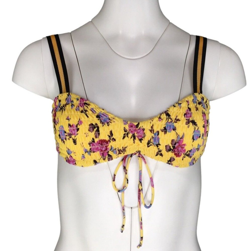 For Love & Lemons Bikini Top Yellow Floral Smocked Swimwear Top Size Small